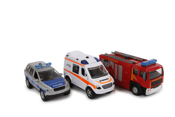 Einsatzfahrzeuge mit Rückzug + Licht & Sound 11 cm 3-fach sortiert